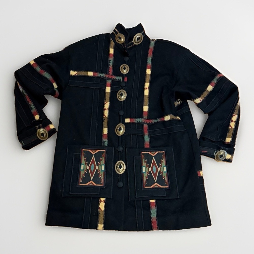 Vintage 90s Coloratura Navy Wool Southwestern Concho Coat Womens L
